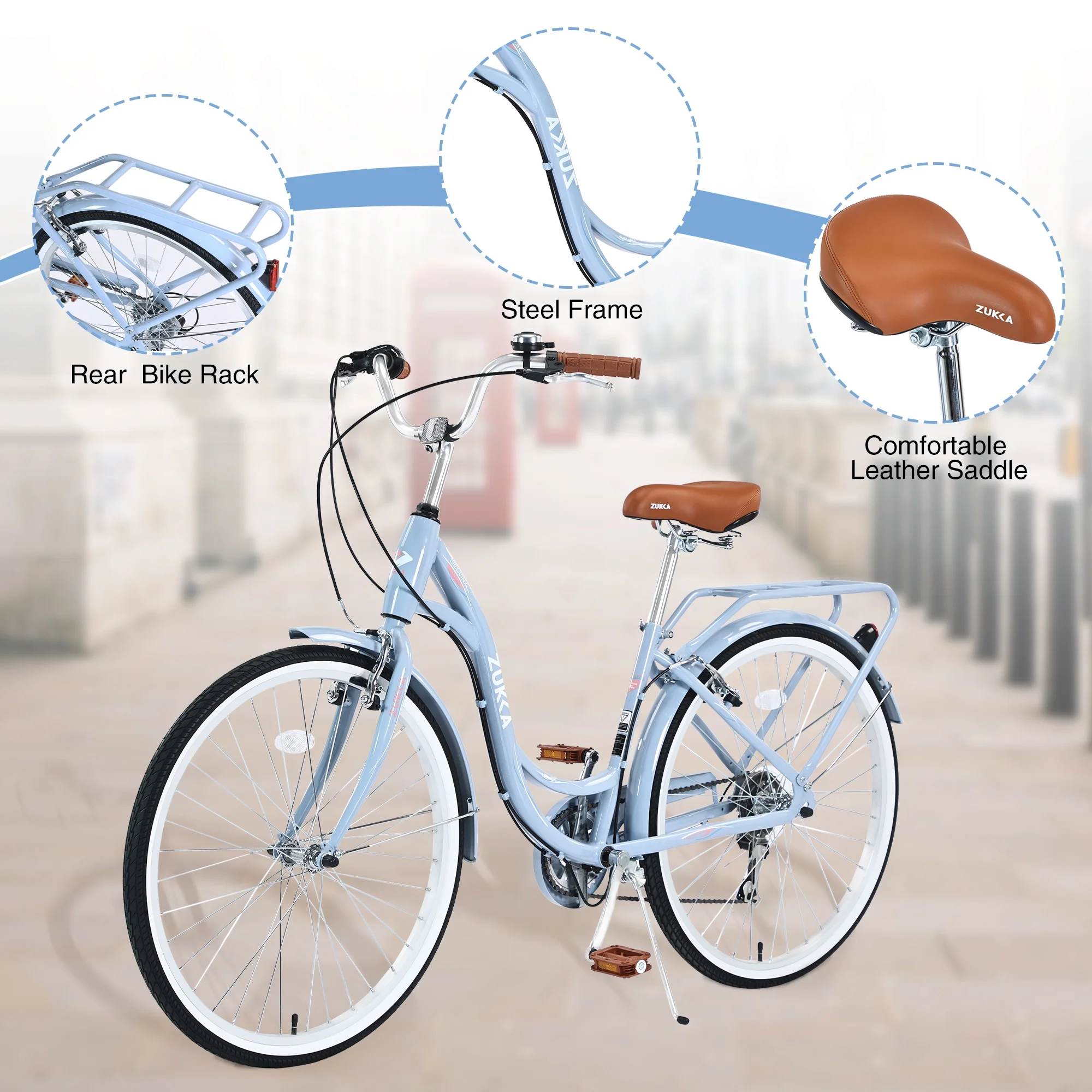 26 Inch Women's Beach Cruiser Bike with Rear Rack 7 Speeds Commuter Bike High-Carbon Steel Frame, Ladies Bicycle Blue - Curated Treasures Market