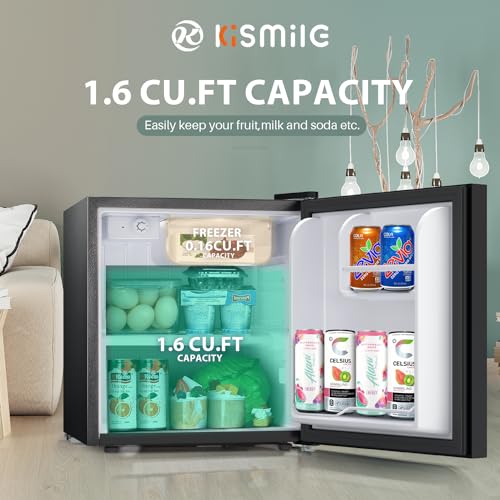 Kismile Mini Fridge with Freezer, 1.6Cu.ft Compact Refrigerators with Removable Shelves, Adjustable Thermostat, Reversible Single Door Small Fridge for Apartment, Home, Office