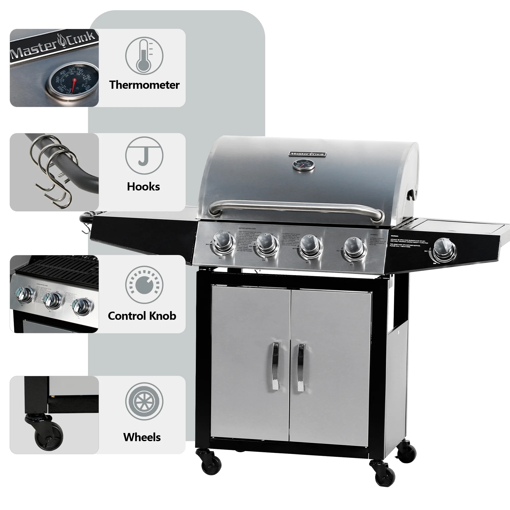 MASTER COOK 4 Burner Propane Gas Grill with Side Burner, Outdoor Stainless Steel Barbecue Grill