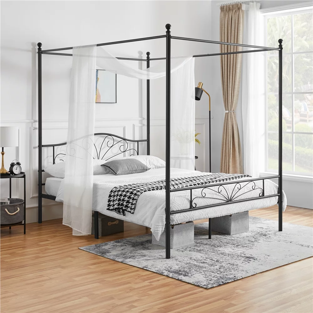 Topeakmart Four-poster Metal Canopy Platform Bed with Arched Headboard and Footboard, Queen Size, Black