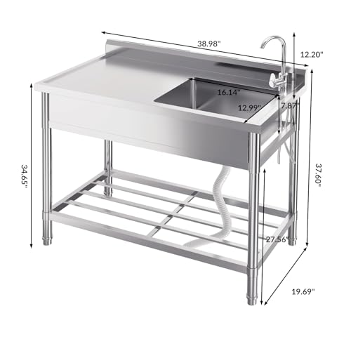 Stainless Steel Free-Standing Utility Sink, Single Bowl Freestanding Laundry Sink with Faucet, Drainboard, Storage, Hot & Cold Water Plumbing for Restaurant, Workshop, Home, 24x20x41 in