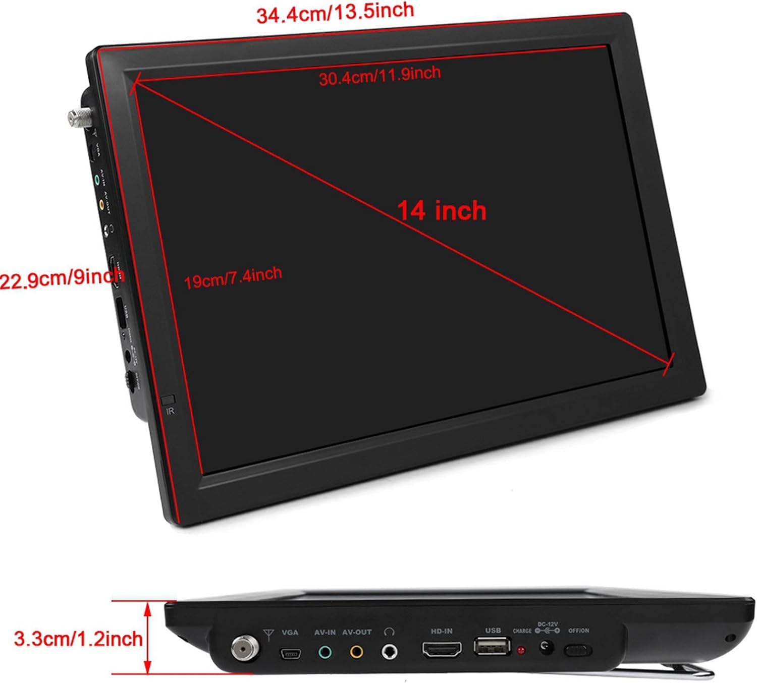 Yoidesu 14”Portable TV with ATSC Tuner,Battery Operated TV with HDMI, SD/MMC, USB, VGA, AV in/Out and Remote Control,Small Car TV for Kids,Kitchen,Traveling,Camping