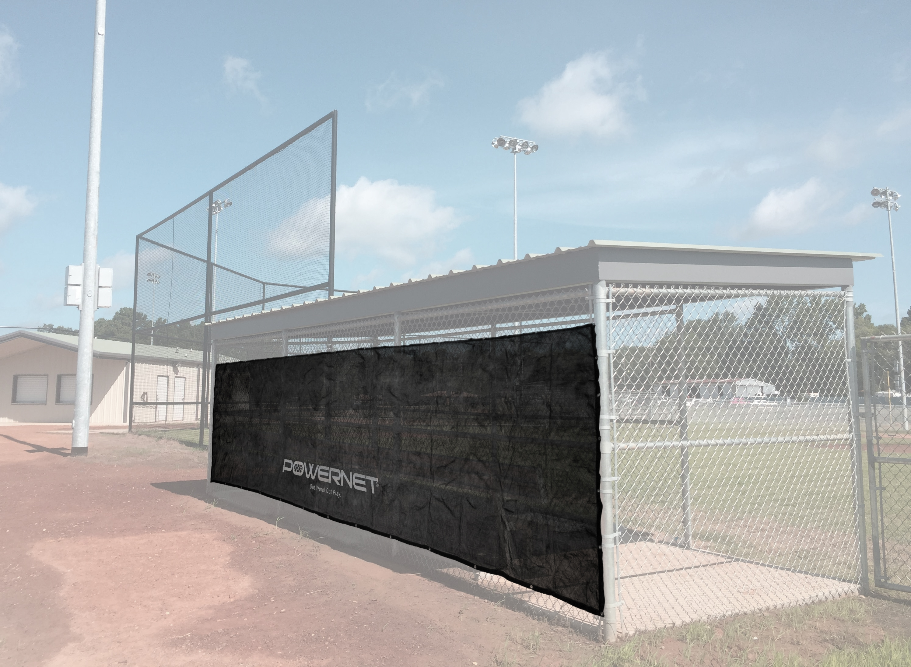 powerNet Fence Shade Net Cover | Portable Baseball Softball Dugout Sun Screen | 18.75 FT x 7 FT | Blocks Sun to Keep Players Cool | Easily Attach to Any Chain Link Fence with Included Bungee Ball Ties
