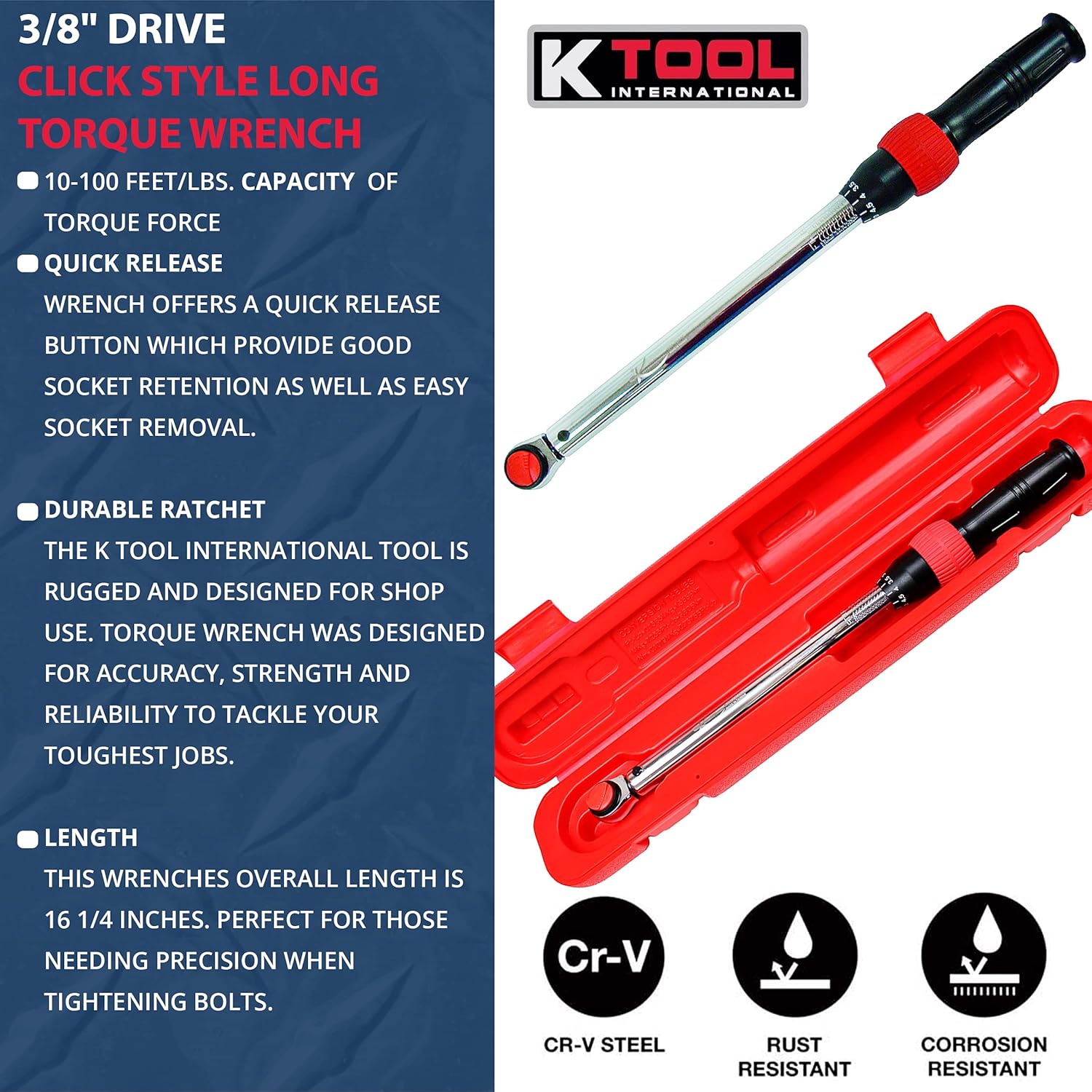 K Tool International - 3/8" Drive Click Style Long Torque Wrench, 10-100 feet/lbs. Capacity, 16-1/4" Long, Durable Strength, Easy to Read Measurements; KTI72143 Pack of 2