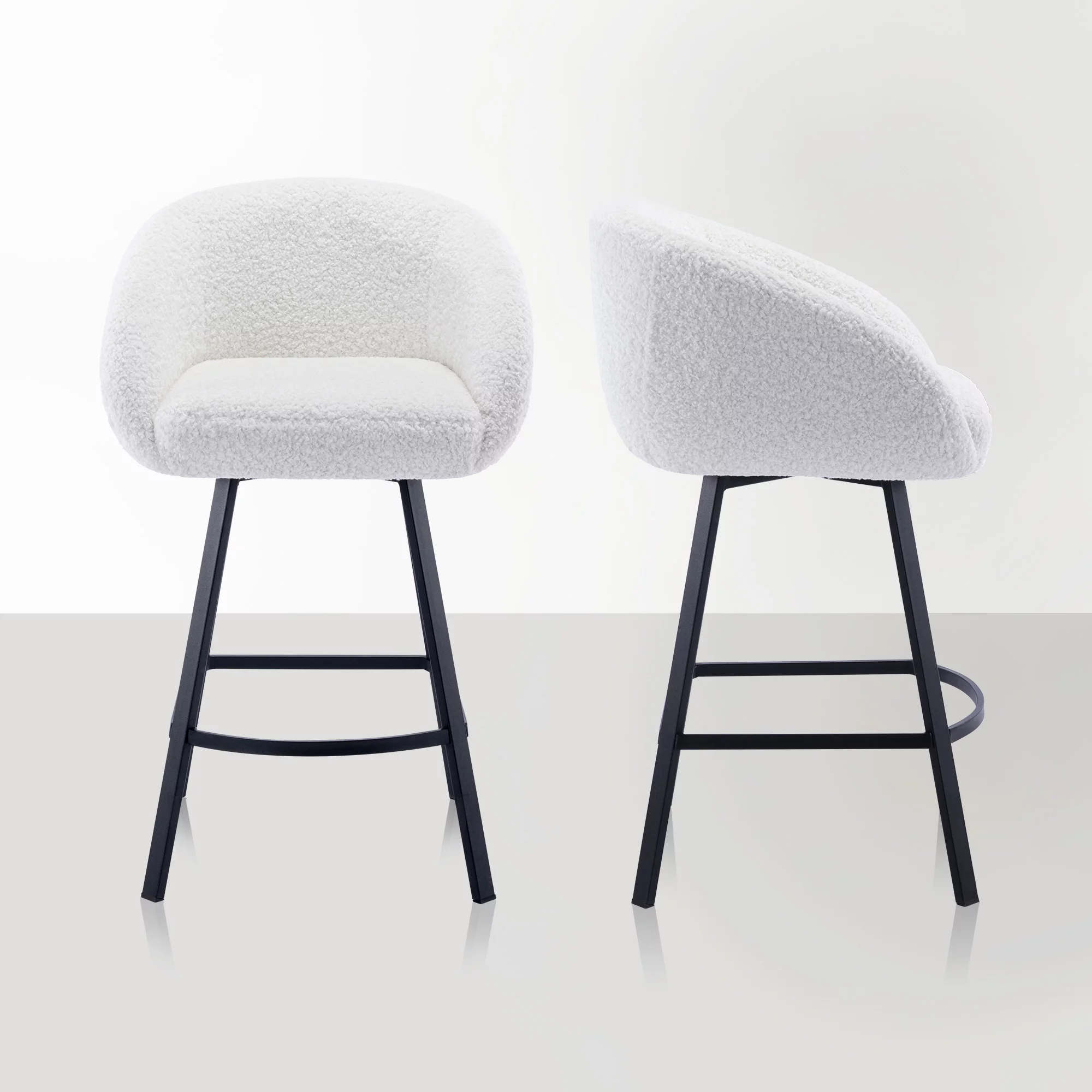 Zesthouse 25.6" Counter Height Swivel Bar Stools Set of 2, Sherpa Barrel Bar Stools with Backs, Modern Boucle Counter Stools for Pub Kitchen Island, White