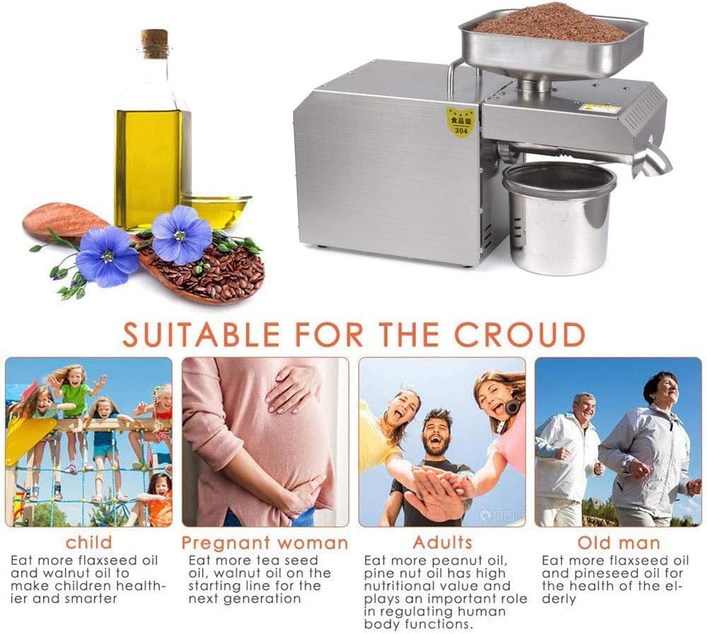 Commercial Oil Press Machine Cold/Hot Nut Oil Extractor 304 Stainless Steel Oil Expeller Electric Automatic Oil Mill for Peanut Coconut Olive Etc 610W