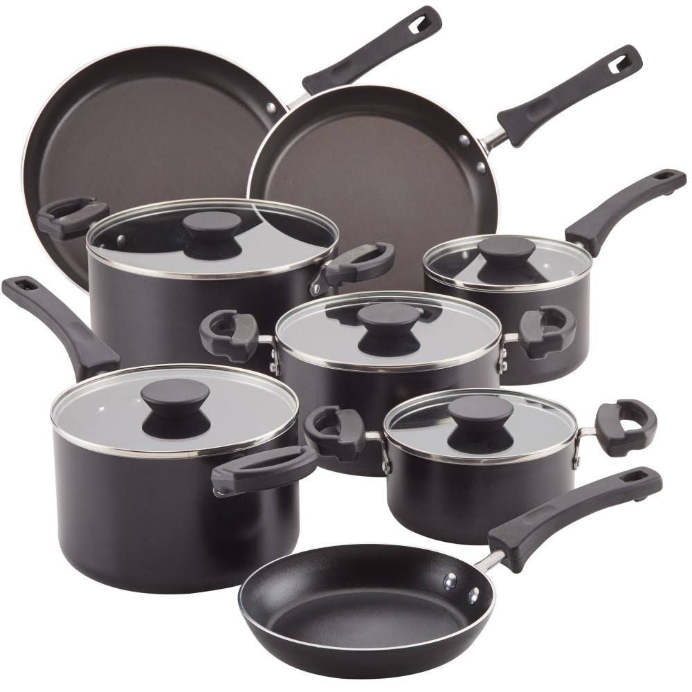 Farberware Neat Nest Space Saving 13-Piece Black Aluminum Nonstick Cookware Set