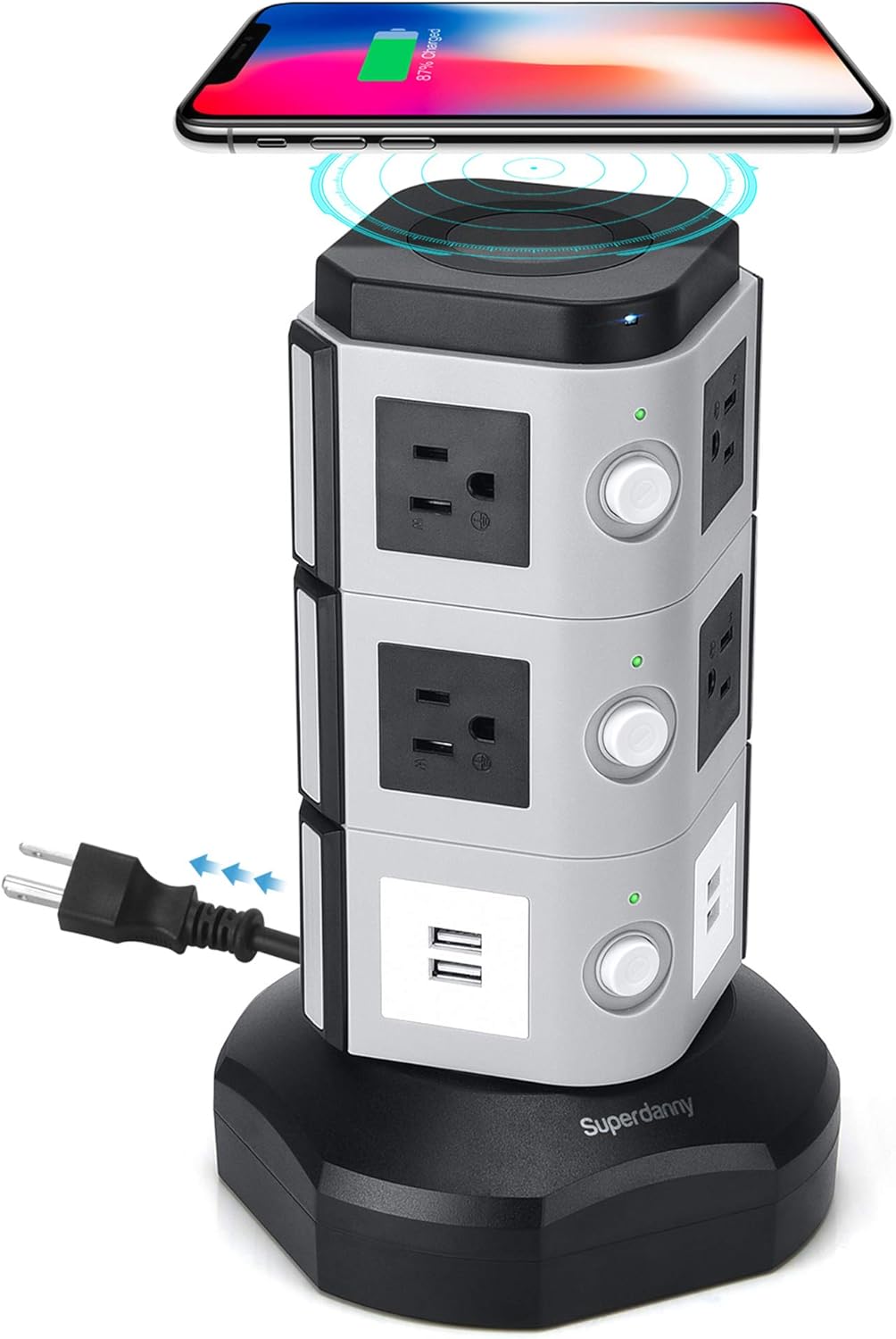 Power Strip Tower, SUPERDANNY Surge Protector Tower with 15W Magnetic Wireless Charger, 1050J, 13A Charging Station with 12 AC Outlets & 6 USB Ports, 6.5ft Extension Cord for Home Office, Gold Pack of 2