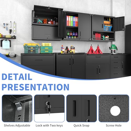 Metal Storage Cabinet with Wheels, Lockable Garage Cabinet with Doors and Shelves, Rolling Tool Storage, Assembly Required, Black