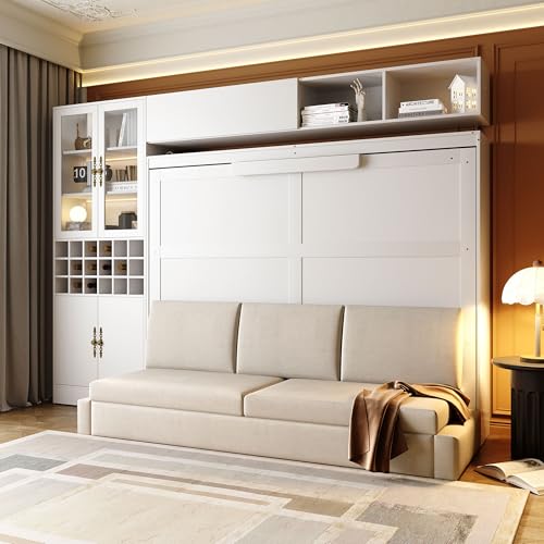 Merax Queen Size Murphy Bed Wall Bed with Sofa, Shelves, USB & Light - Space Saving Foldable Bed for Small Apartments, Grey