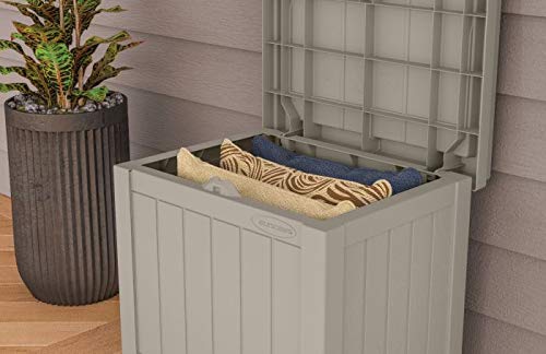 Suncast Horizontal Shed, Compact Outdoor Storage System, 34 Cu. Ft. Capacity, Sand & Slate - Lockable Multi-Wall Resin Organizer for Garbage Cans, Garden Tools, Bins, Bikes and Yard Equipment