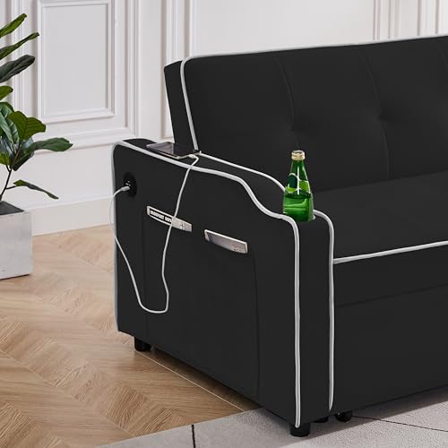 3 in 1 Convertible Sleeper Sofa Chair Bed with Adjustable Backrest USB Ports Cup Holder Side Pocket Pillow Velvet Folding Chaise Lounge for Apartment Living Room Guest Room Small Space Furniture Black