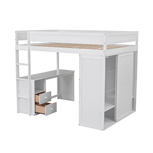 Full Size Loft Bed with Storage Wardrobe and Desk Wooden Loft Beds Frame with Drawers and Cabinet Wood High Loft Beds with Ladder for Kids Teens Adults, White