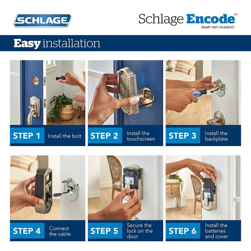 Schlage Camelot Encode Smart WiFi Door Lock with Alarm and Accent Lever Handleset in Satin Nickel