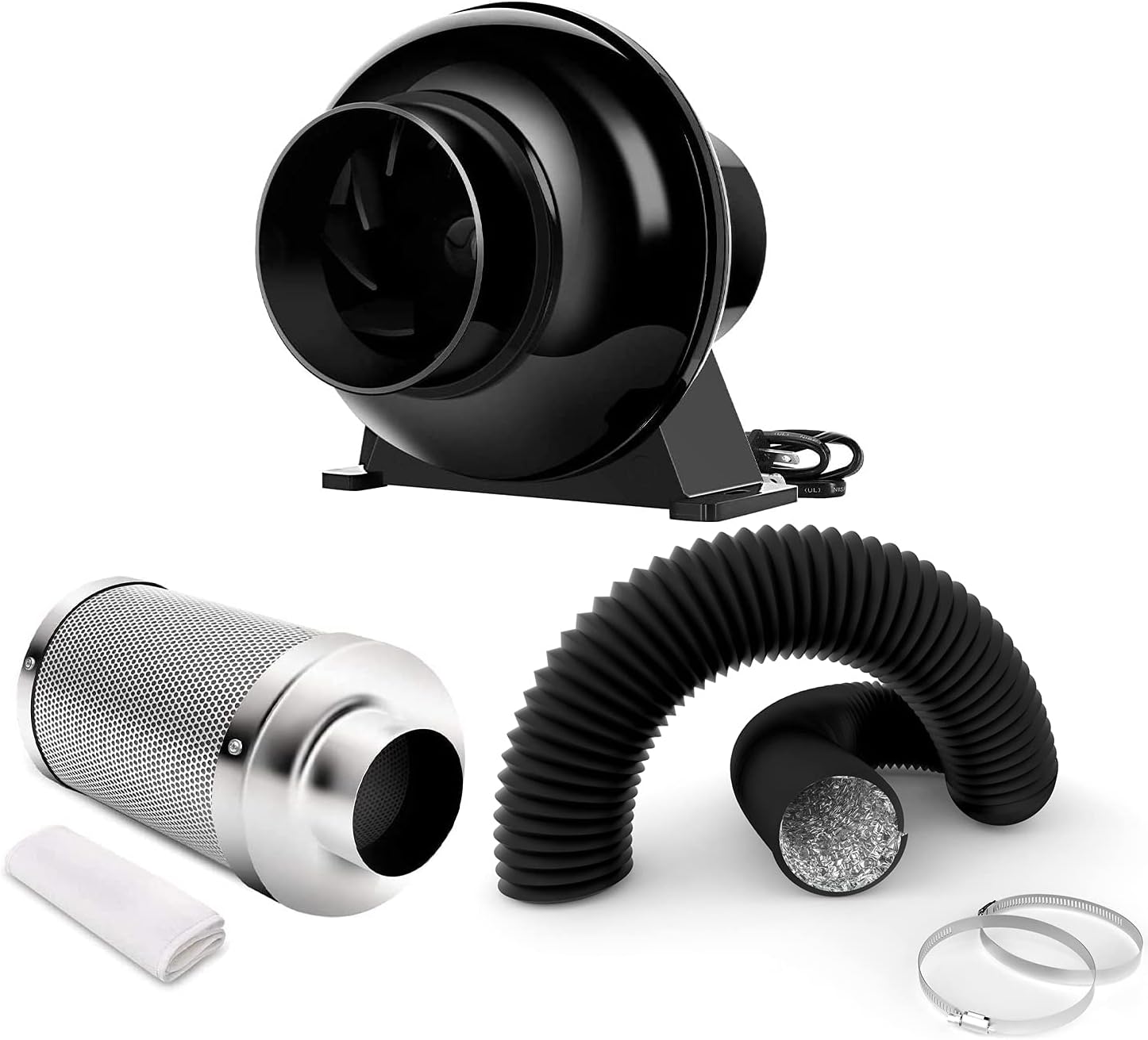 iPower 4 Inch 195 CFM Inline Fan Circulation Vent Blower, Air Carbon Filter and 8 Feet Flexible Ducting for Grow Tent Ventilation, Exhaust, 4 Fan & Filter, HVAC Heating Cooling