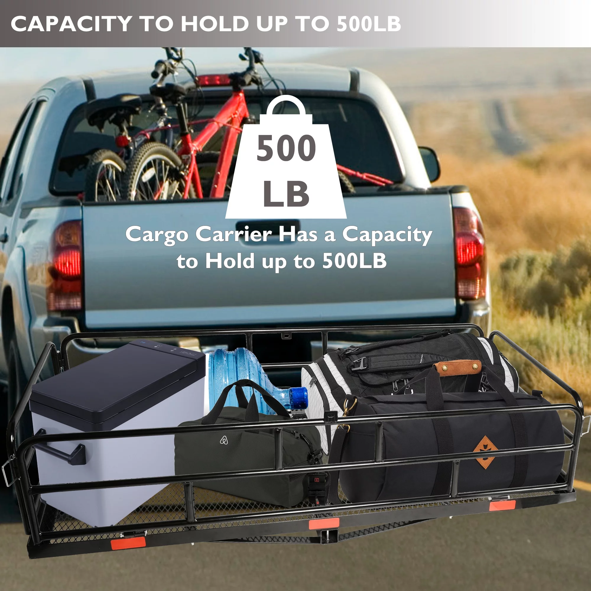 60" X 24" X 14" Folding Hitch Mount Cargo Carrier, 500lb Heavy Duty Capacity Rear Cargo Luggage Rack Basket, Foldable Hitch Mount Cargo Trailer Fits 2" Receiver for Car SUV Camping Traveling