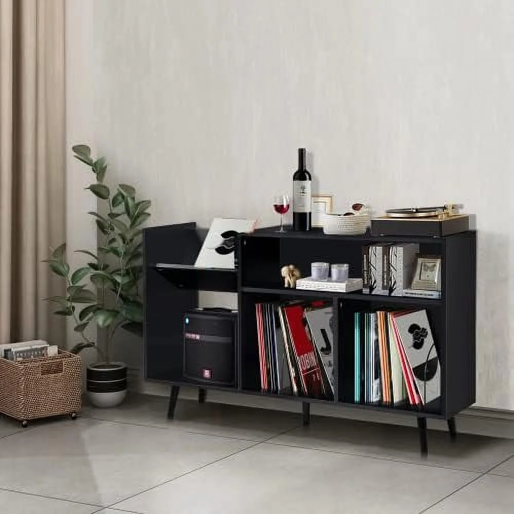 TJUNBOLIFE Record Player Stand  Mid-Century Modern Vinyl Record  Cabinet Table with Wood Legs  Turntable Stand Record Holder Holds Up to 300 Albums for Living Room  Bedroom (Black)