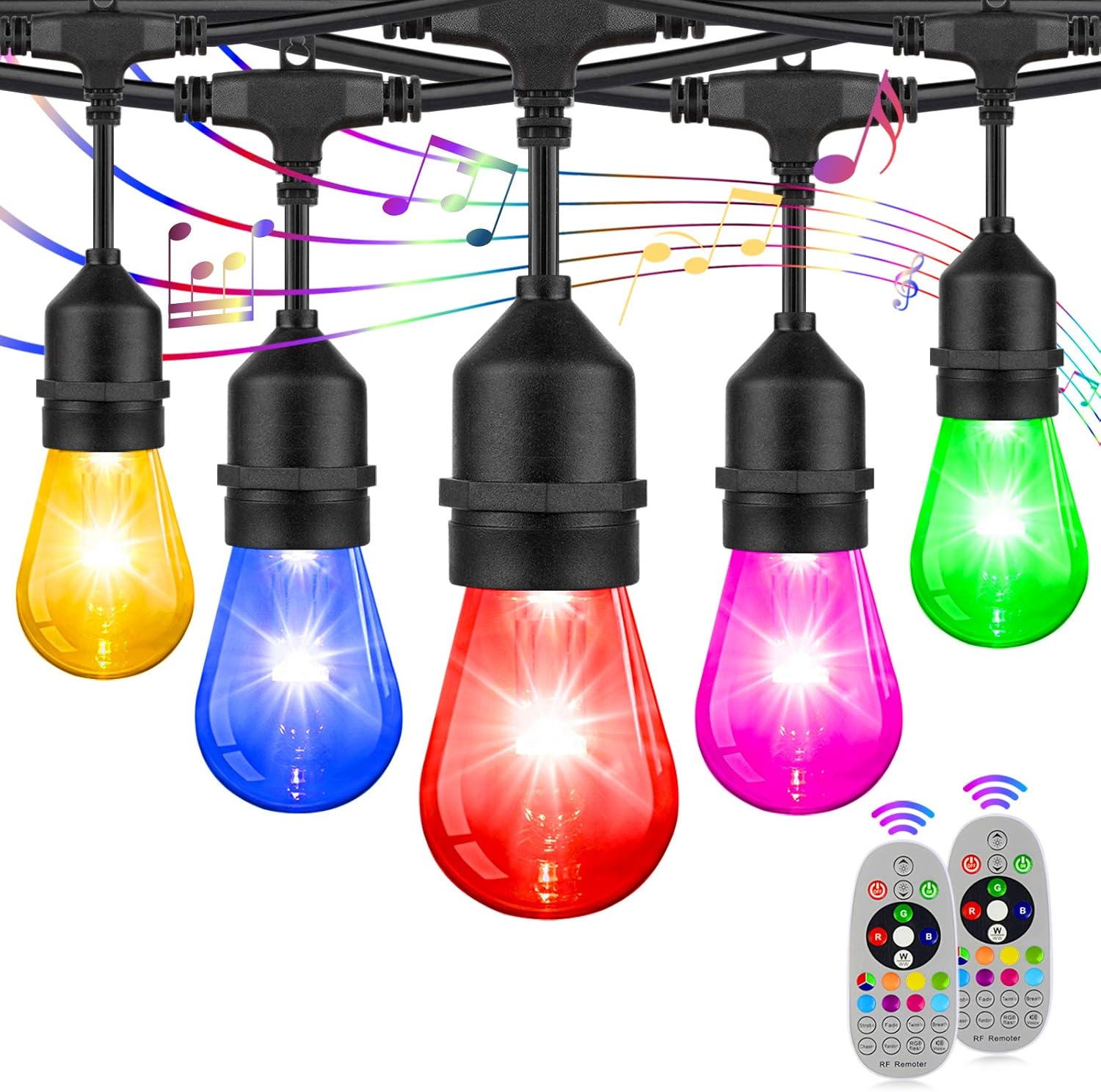 2-Pack RGB Outdoor String Lights, Patio Cafe String Lights Multi-Color, Dimmable Lights with S14 Edison Bulbs Sync to Music, Commercial Waterproof & Shatterproof String Lights for Café Backyard 96FT