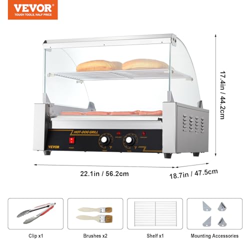 VEVOR Hot Dog Roller,5 Rollers 12 Hot Dog Capacity, 750W Stainless Steel Cook Warmer Machine with Dual Temp Control, LED Light and Detachable Drip Tray, Sausage Grill Cooker for Kitchen Restaurant