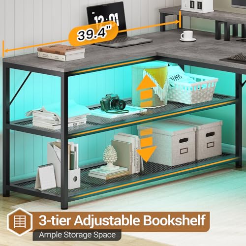 SEDETA 67" L Shaped Desk with Drawers, Computer Office Desk with Storage Shelves & Power Outlet, Reversible Gaming Desk with LED Lights for Home Office, White