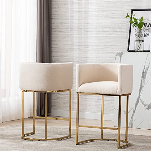 Contemporary Cream Linen Bar Stools Set of 3, 29" Upholstered Fabric Counter Height Barstools Kitchen Counter Island Stools with Screwed Together Golden Metal Base