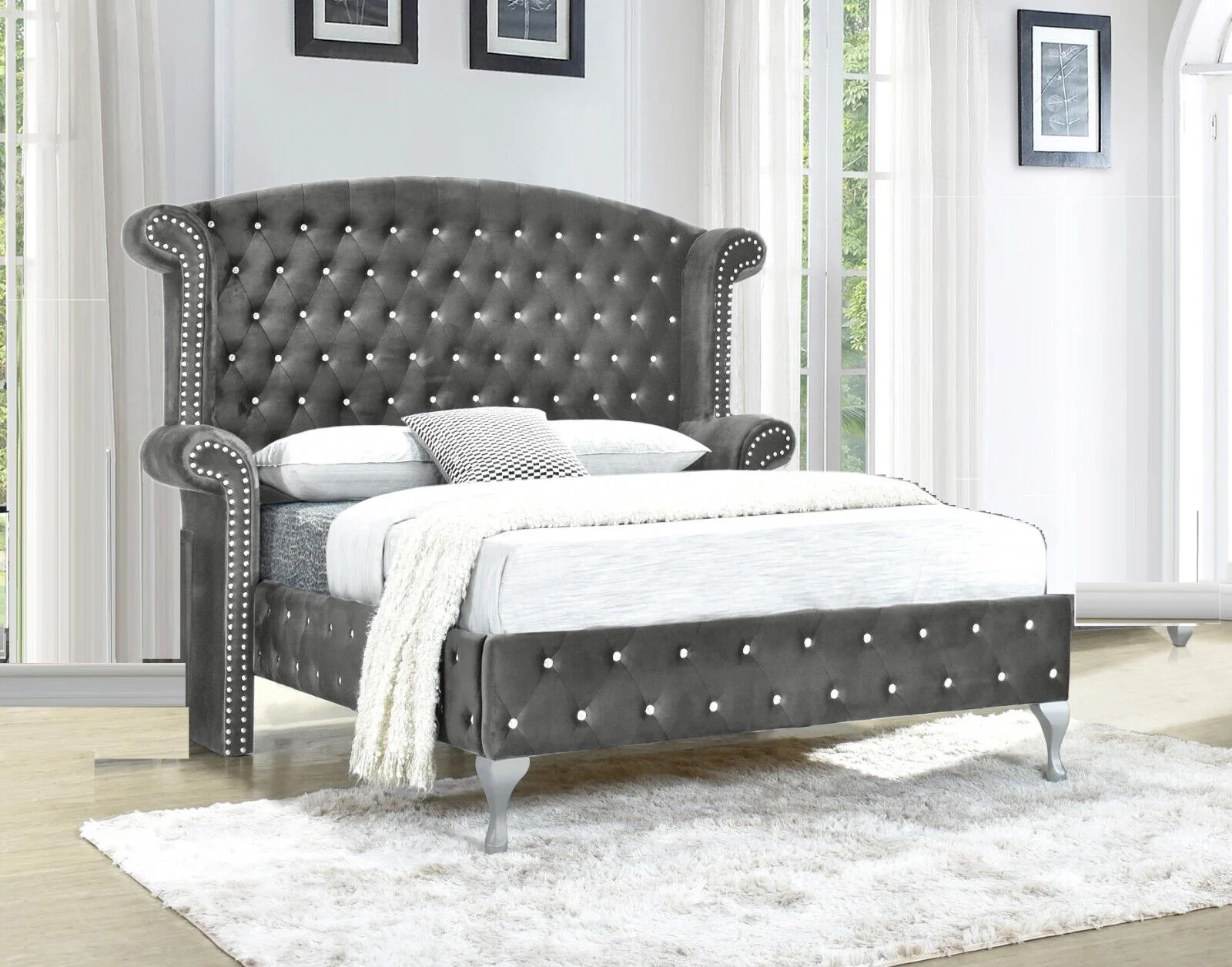 Modern 5Pc King Size Bed Dresser Mirror Nightstand Set Master Bedroom Furniture Gray Velvet