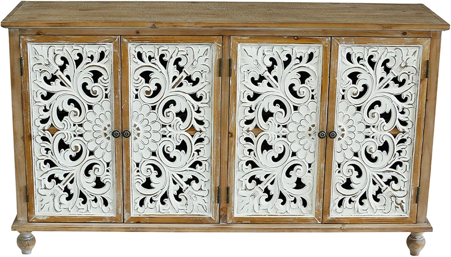 Dolonm Accent Cabinet with 4 Doors, Farmhouse Sideboard Buffet Cabinet with Storage, Modern Storage Cabinet with Wood Carved Floral Doors for Living Room, Dining Room, Entryway, Hallway, Kitchen