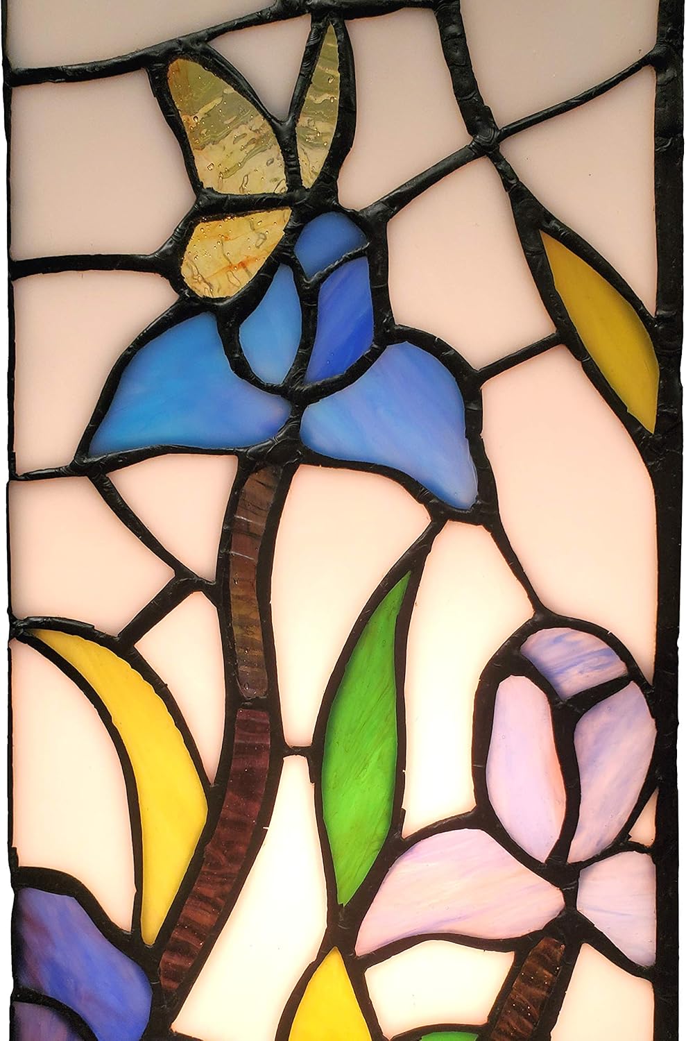 Amora Tiffany Style Table Lamp Banker Blue Green Pink Iris Flower Butterfly Stained Glass Bedside Nightstand Vintage Antique 17.5" Tall 6" Wide Handmade Gift AM1115TL06B Lighting