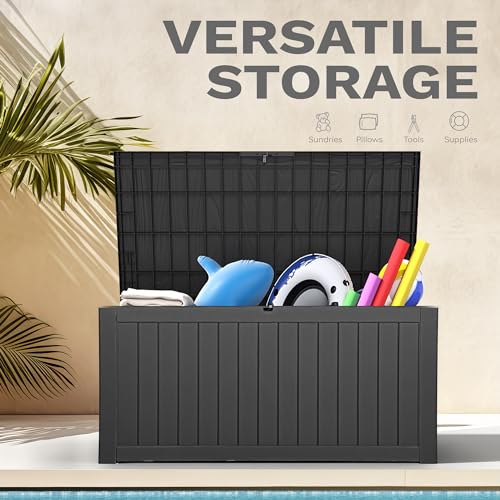DWVO 120 Gallon Outdoor Storage Box, Large Lockable Resin Deck Box, Water Resistant Patio Storage Box for Tools, Cushions, Supplies - Black