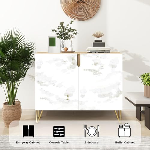 Mid Century Sideboard Buffet Kitchen Storage Cabinet with 2 Doors texture golden veins natural pattern for Abstract black white gold Cupboard Console Table Bar Cabinet for Dining Room Hallway