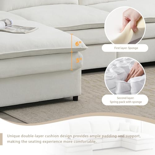 Modular Sectional Sofa U Shaped Sofa Couches with 2 Ottoman, Modern Chenille L Shaped Comfy Cloud Couch Living Room Set, 6-Seater Deep Modular Sectional Corner Couch with Double Cushions, Cream