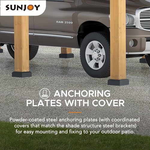 Sunjoy Carport 11 ft. x 20 ft. Standard Wood Gazebo Heavy Duty Garage, Cedar Framed Gazebo Car Shelter with Metal Roof and Movable Ceiling Hook