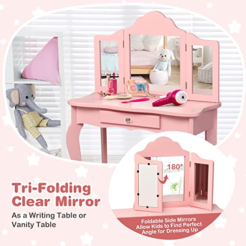 HONEY JOY Kids Vanity Set with Mirror, 2-in-1 Wooden Toddler Vanity Table with Stool, Tri-Folding Mirror & Drawer, Removable Top, Princess Pretend Play Beauty Makeup Vanity for Little Girls (White)