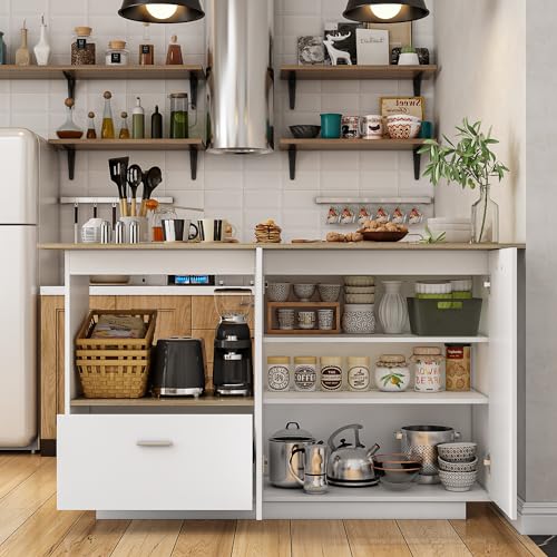 ECACAD 80.7" Kitchen Island with Storage, Wood Kitchen Prep Table White Stationery Storage Cabinet with 3 Drawers, Open Shelves & 2 Cabinets for Dining Room