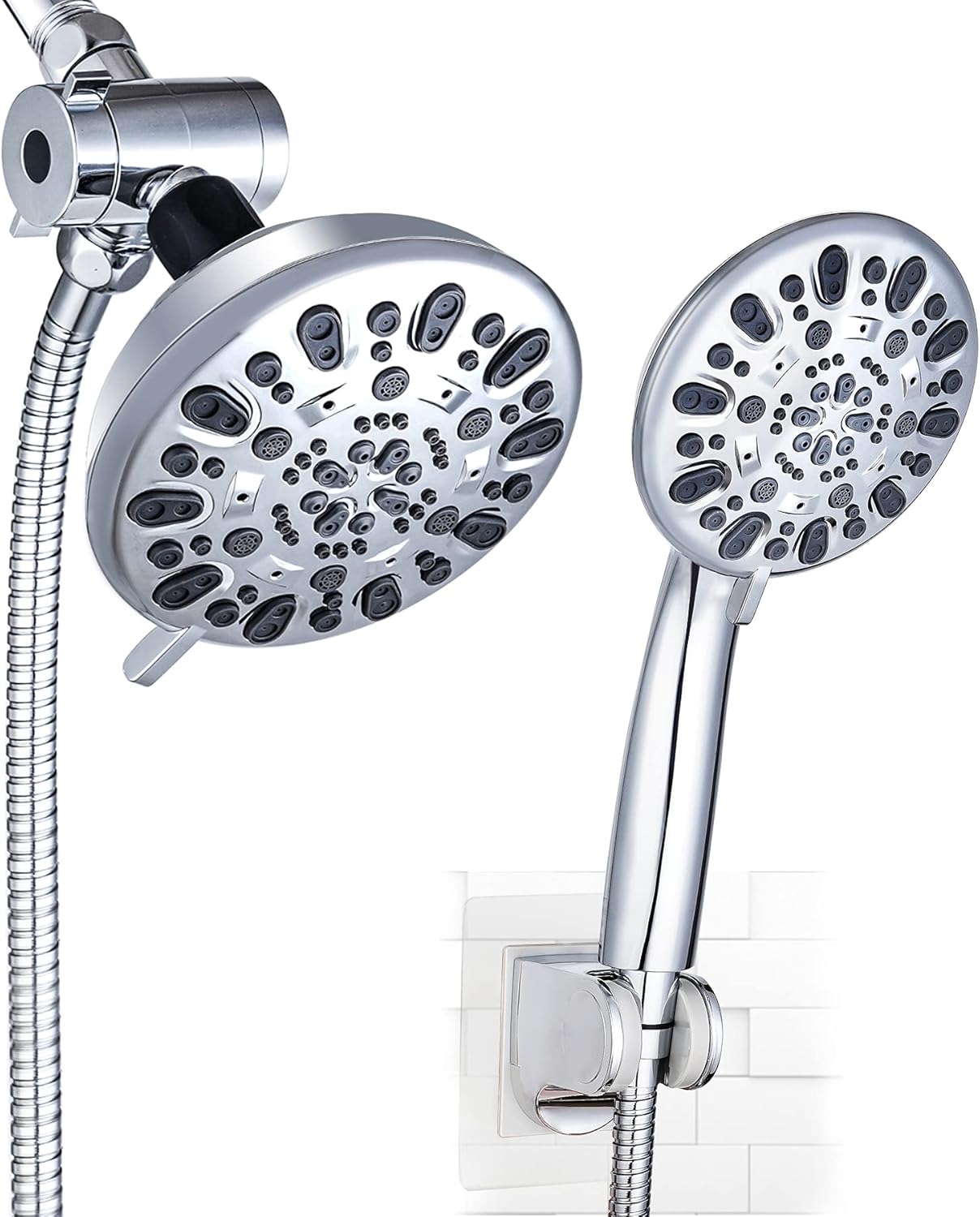 High Pressure Shower Head Rainfall Combo with Handheld Shower Head, 5-inch Face 7-spray , 3-way Water Diverter, Adhesive Shower Head Holder, 7-setting Hand held Shower Heads with Hose Brushed Nickel Pack of 2