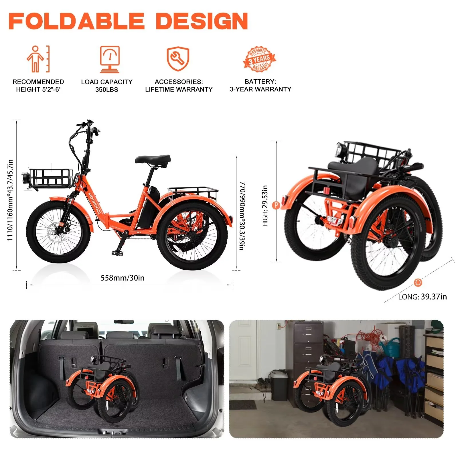 MOPHOTO 16MPH 500W 48V 14.5Ah 20" Electric Folding Tricycle for Women, Electric Motorized Tricycle Adult, Fat Tire 3 Wheel Electric Bikes, Step-Thru 1-Speed Electric Trike for Senior, Men - Curated Treasures Market