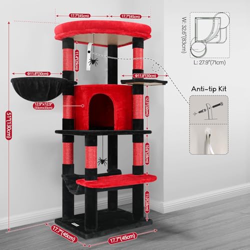 Globlazer Corner Cat Tree for Large Cats, 66inch Tall Curved Series Large Cat Tower for Multiple Indoor Cats with 6 Scratching Posts, 2 Spacious Cat Condos, Hammock, Hanging Basket, C66, Beige