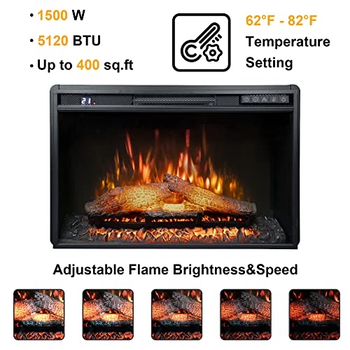 23.7" W Electric Fireplace Insert with 4 Adjustable Brightness Flames & Overheat Protection, 750/1500W, Black