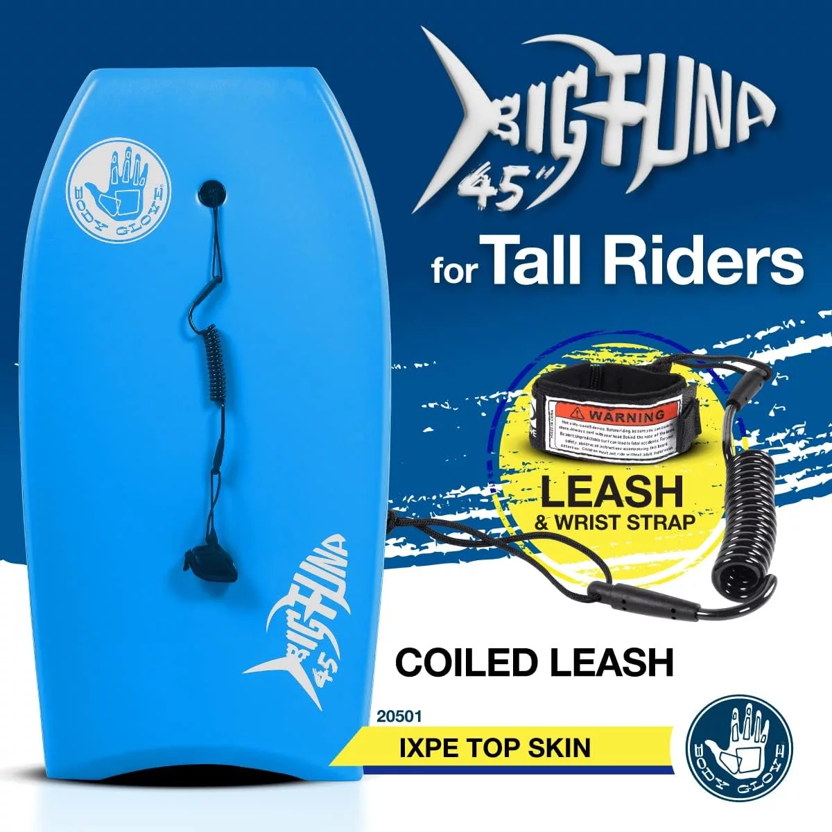 Body Glove Big Tuna 45 inch Large Bodyboard for Tall Riders with Coiled Leash & Wrist Strap - Durable, Light Weight EPS Core with Smooth Top & Slick HDPE Bottom, Blue