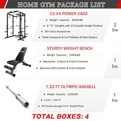 C1-V4 Power Cage, 2000LBS Squat Rack with LAT Pulldown, Multi-Function Weight Cage Strength Training Machine, Workout Cage with More Attachments for Home Gym Garage
