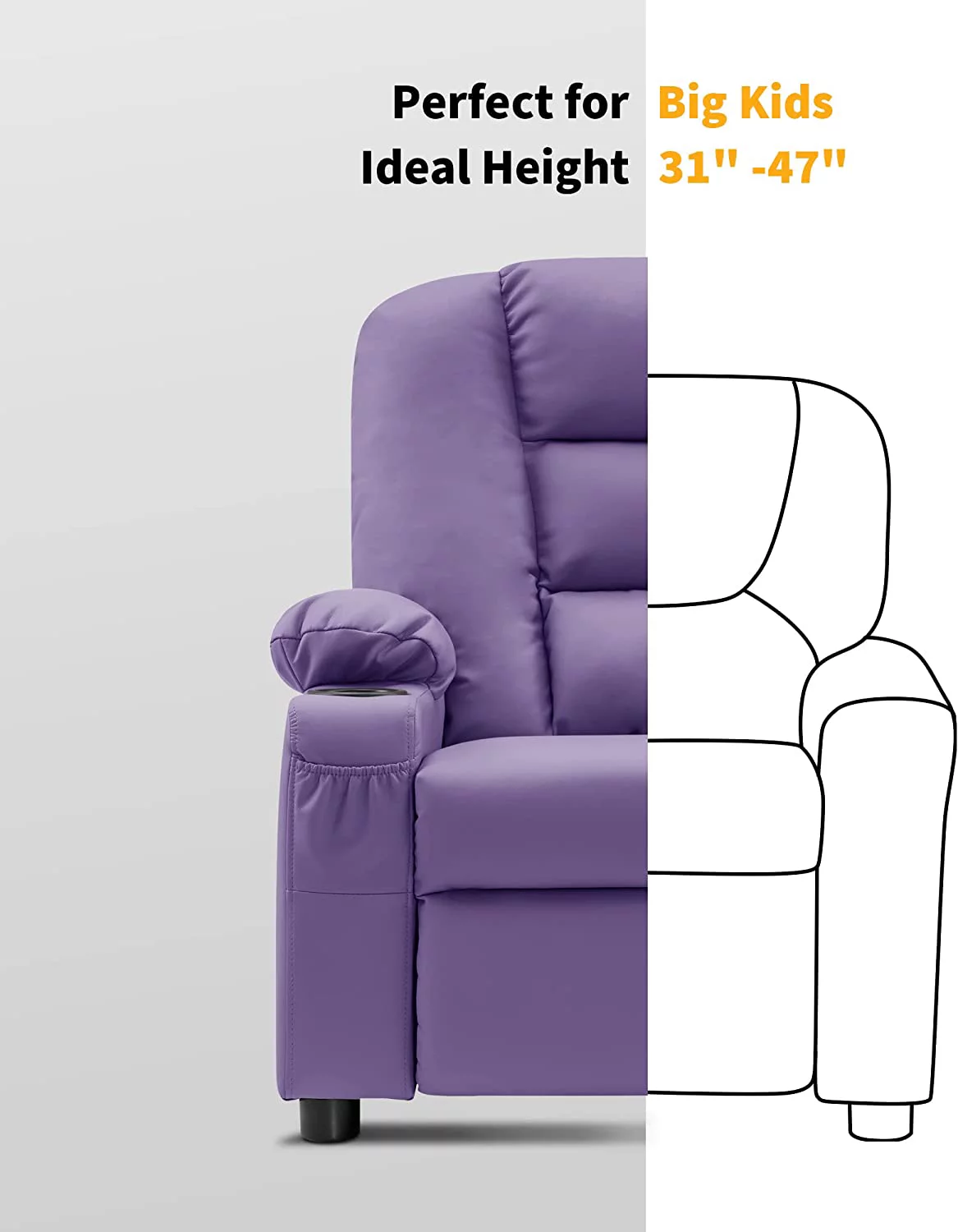 Big Kids Recliner Chair with Cup Holders for Toddler Boys and Girls, 2 Side Pockets, 3+ Age Group, Faux Leather 7322 (Violet)