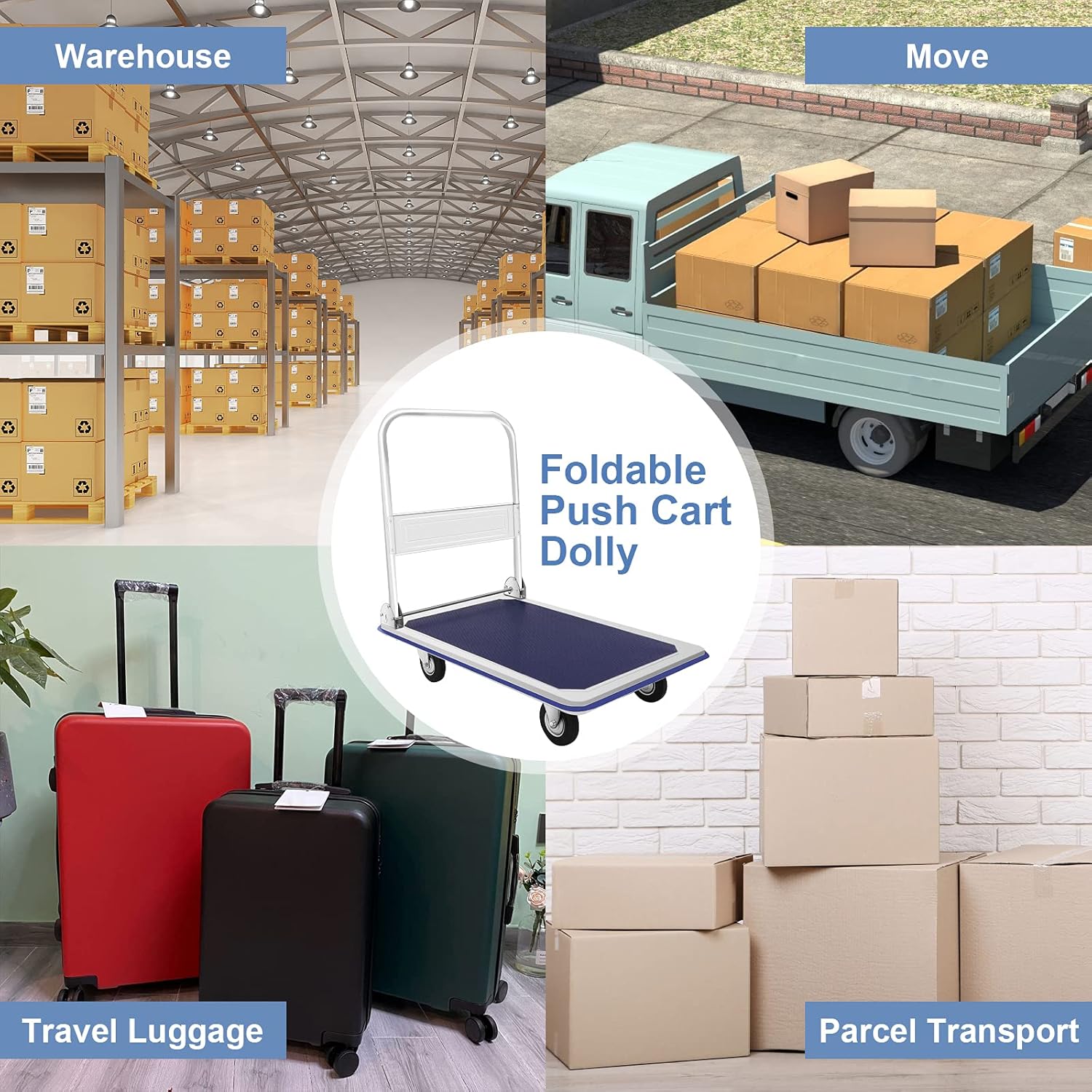 GPOAS Push Cart Dolly Folding Platform Truck with 360 Degree Swivel Wheels and Handle,Foldable for Easy Storage, Heavy Duty Moving Cart with 24x36 Inch Flatbed Surface,Blue