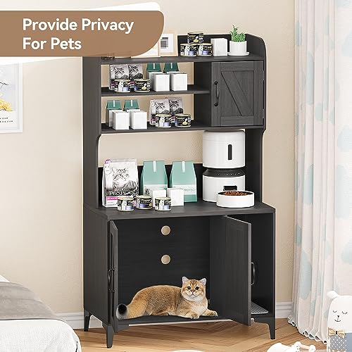 Cat Litter Box Furniture,Hidden Cat Box Enclosure with Shelf Storage, Wood Sturdy Cat Washroom Storage, Indoor Cat House Furniture, Grey