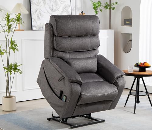 Light Grey Recliner Chair for Elderly | Tall and Big Man 400lbs | Chenille | Power Lift, Lay Flat, Stand Up, Wireless Charging Device, Extended Footrest, Massage Heat, Cup Holder, Lumbar Pillow