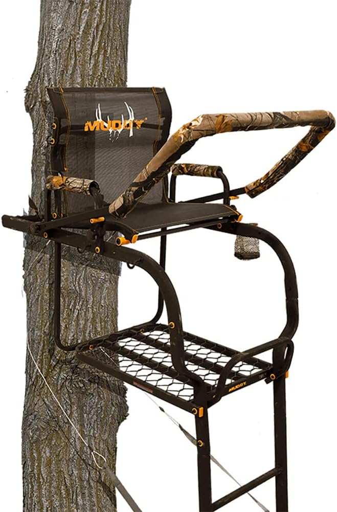 Muddy Odyssey XTL Ladder Stand - 20' Height Durable Steel Outdoor Hunting Silencer Technology Tree Stand with Padded Flip-Back Shooting Rest & Armrests, 350 Pound Maximum Capacity