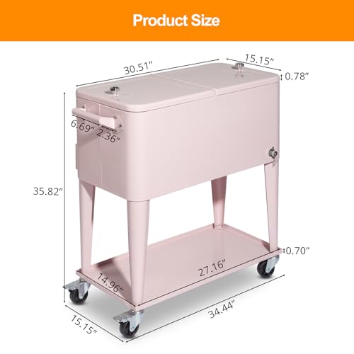 Bueuwe 80 Quart Rolling Ice Chest on Wheels, Portable Patio Party Bar Drink Cooler Cart with Shelf, Beverage Pool with Bottle Opener,Water Pipe,for Party Cookouts Backyard BBQ