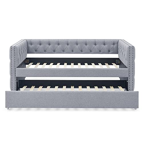 Daybed with Trundle, Fabric Upholstered Twin Size Day Bed Button-Tufted Sofa Daybed Frame Twin Roll-Out Trundle, No Box Spring Needed, Furniture for Bedroom, Living Room, Guest Room