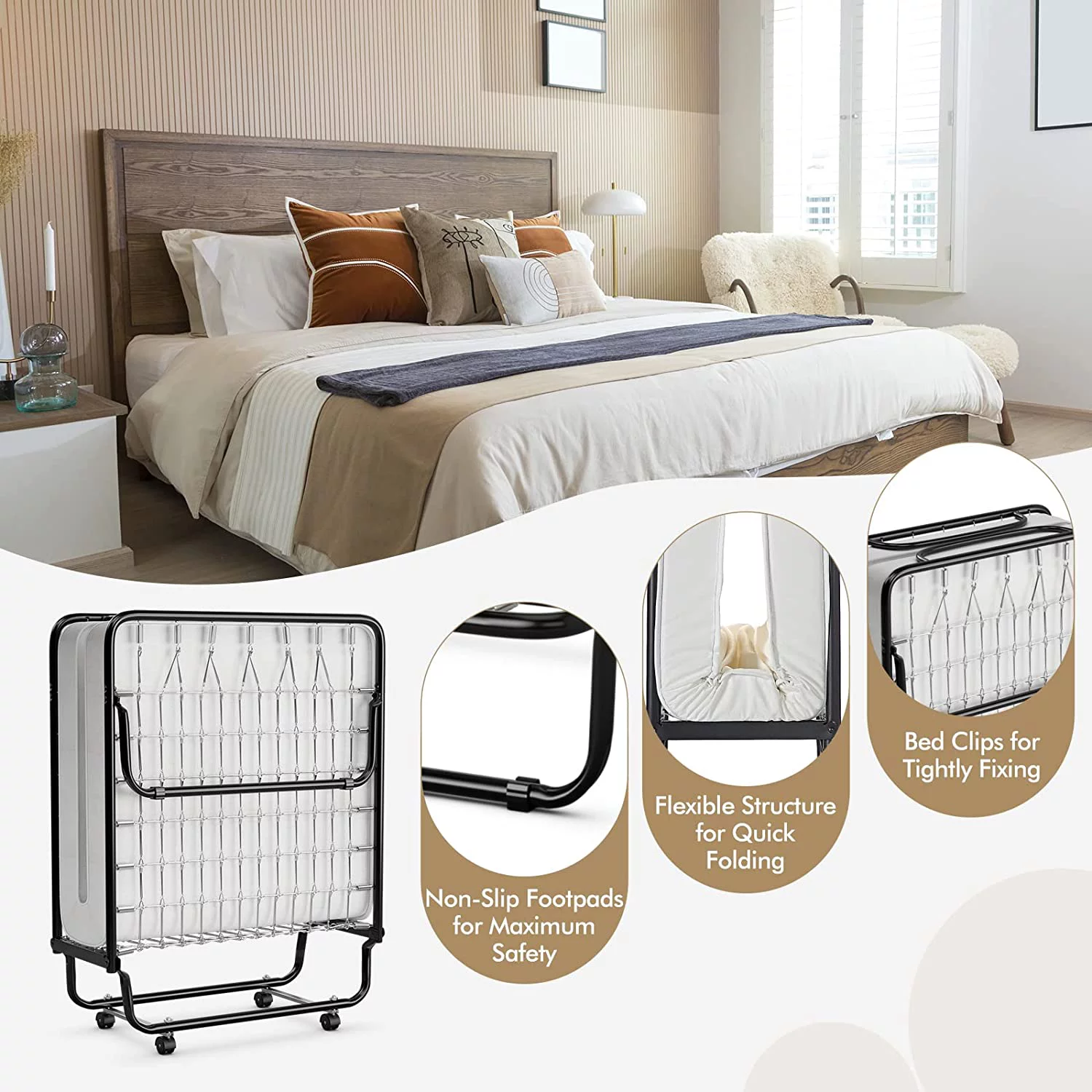 Folding Bed with Mattress Memory Foam, Bed w/Sturdy U-Shaped Metal Bed Frame, 4 Universal Wheels, Portable Guest Bed, Easy Storage, Cot-Size Rollaway Single Bed, Made in Italy