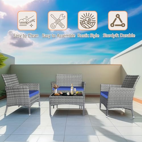 4 piece patio furniture set, Rattan Patio Furniture，Outdoor Wicker Conversation Set with Thick Cushion for Garden, Yard, Porch，Lawn Balcony or Backyard (Dark Coffee Rattan Beige Cushion)