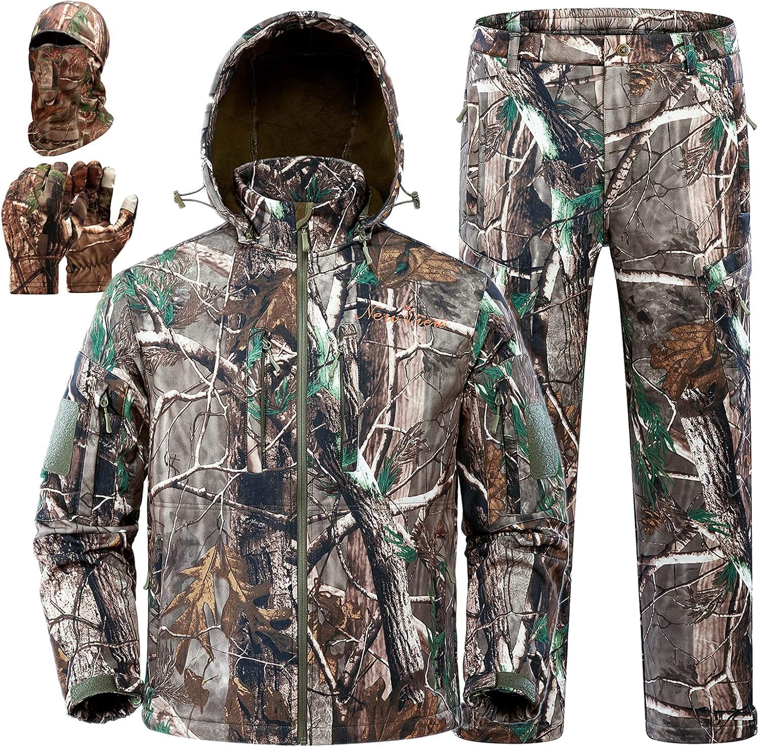 New View Quiet Hunting Clothes for Men, Camo Hunting Jacket and Pants, Water Resistant and Insulated
